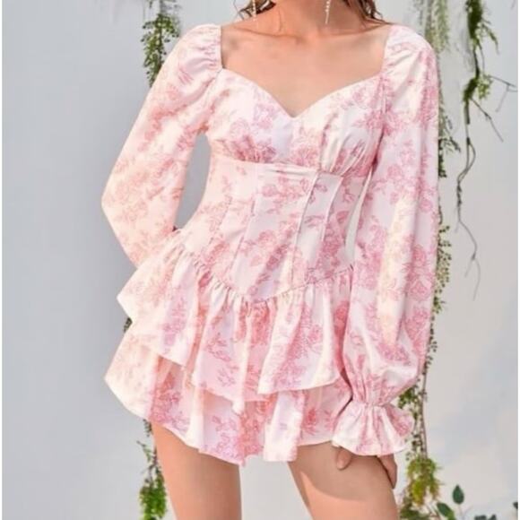 Shein Pants - Pink and White, Floral, Long Sleeve Romper, Size XS, 1433Q